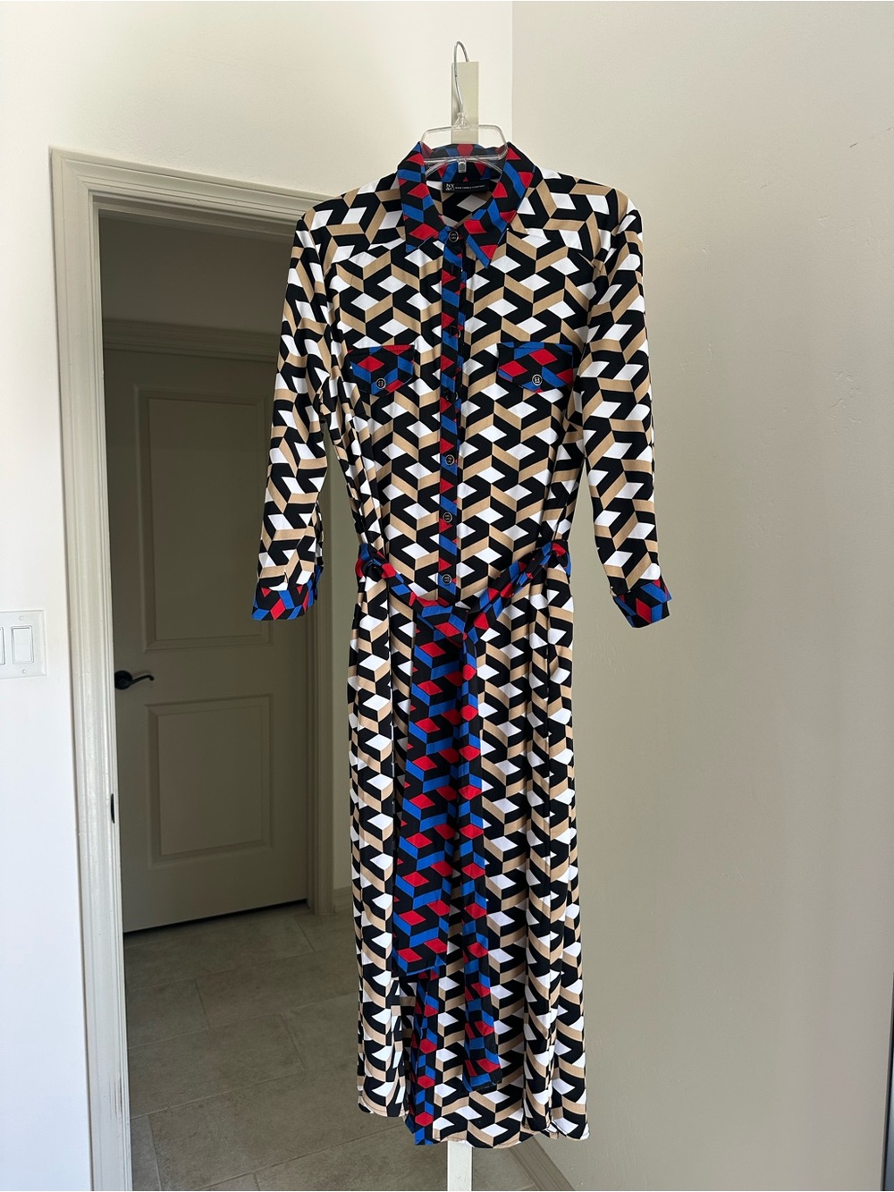 New York & Company Geometric Shirt Dress in Black, White & Blue with Red Accents